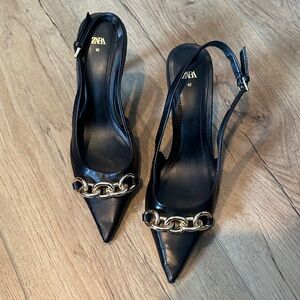Zara Elegant Black Heels with Gold Chain Detail